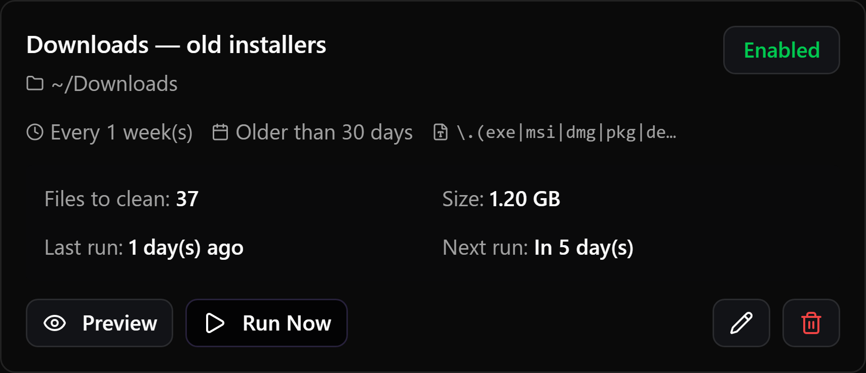 Cleanup rule cards for Downloads and Desktop