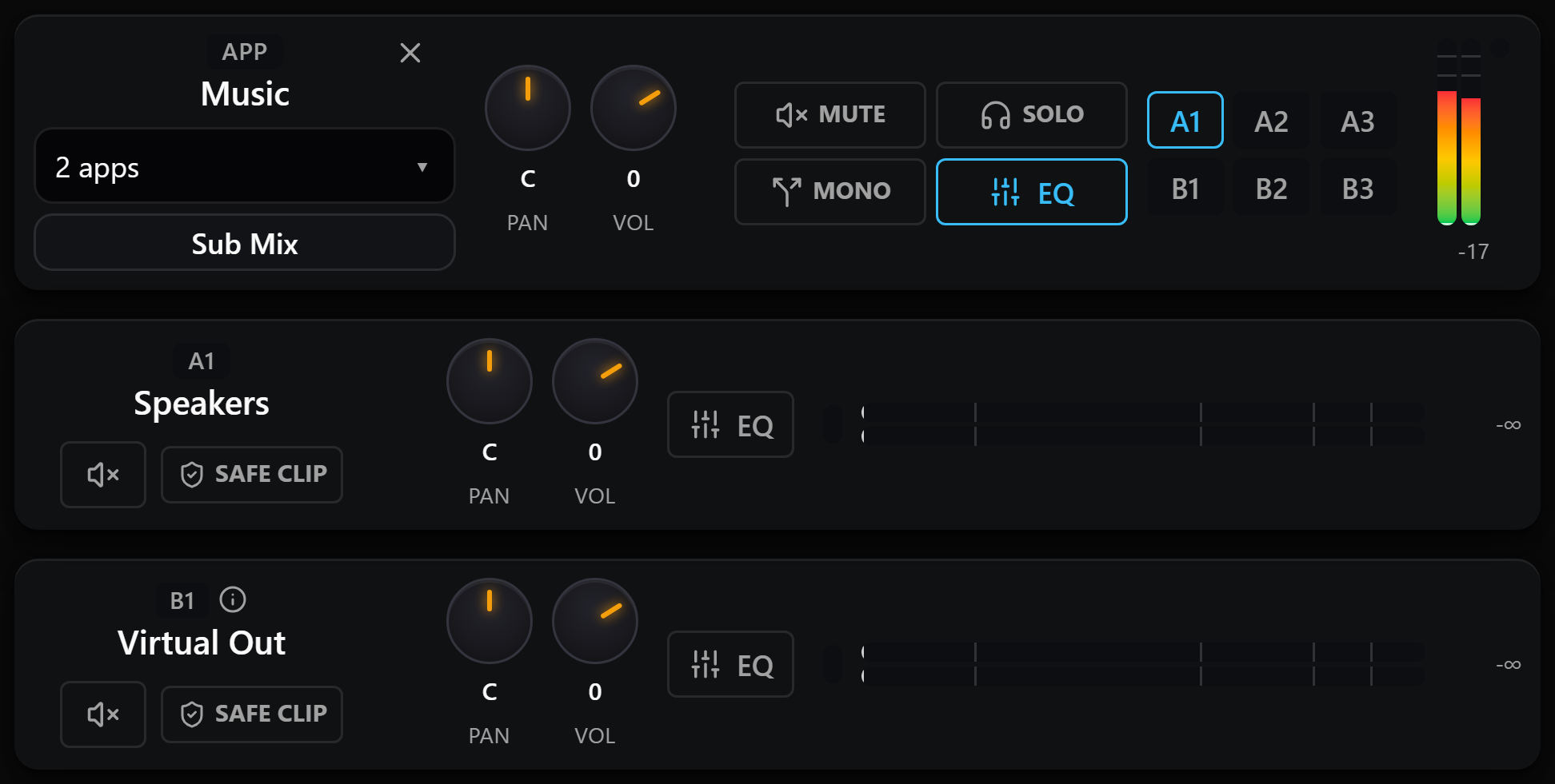 Meter, fader and bus routing controls
