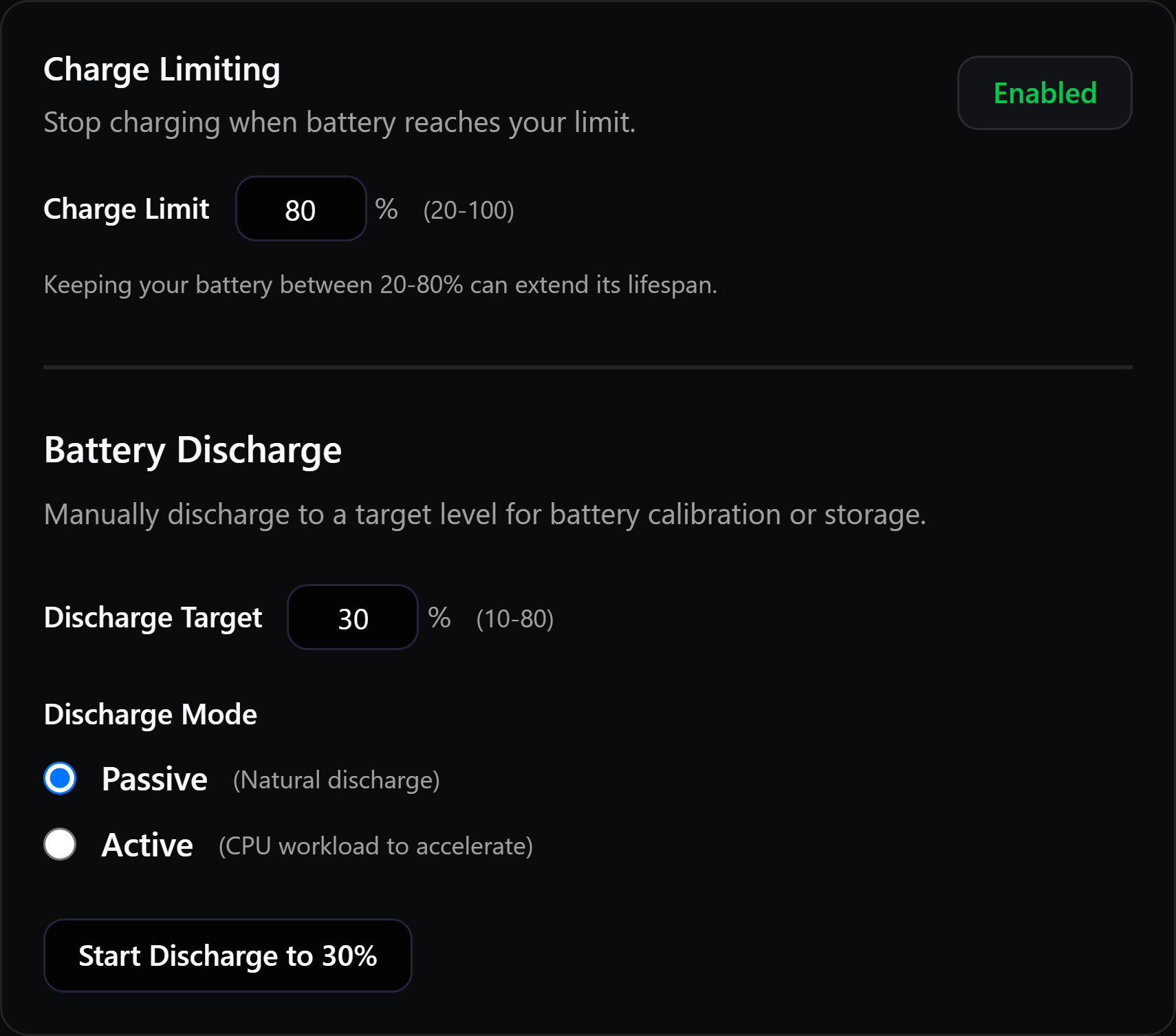 Battery charge limit control with discharge mode